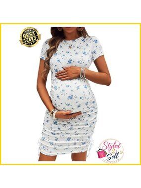 Maternity Ditsy Floral Short Sleeve Ruched Bodycon Pencil Dress